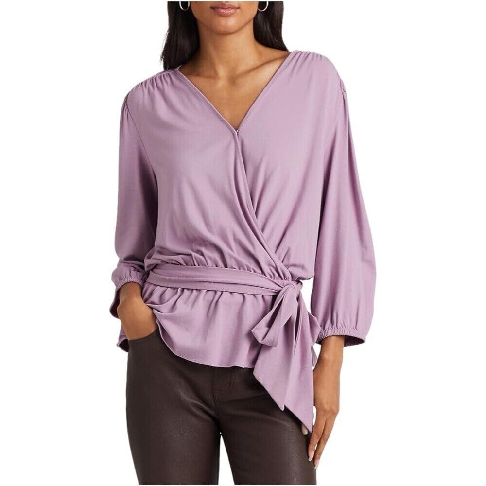 F. Ralph Lauren Blouse Size M Wrap Violet Balloon Sleeve V Neck NWT $99